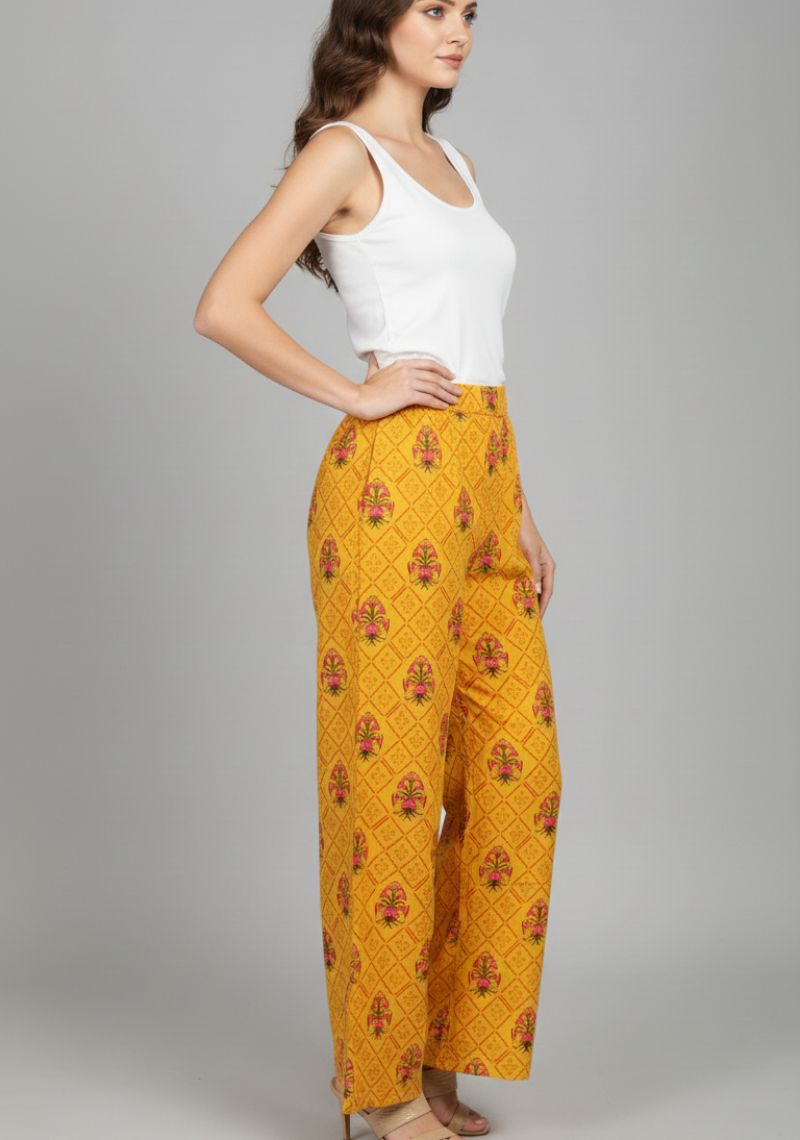 WOMENS PALAZZO - YELLOW AND MULTI COLOR PRINTED