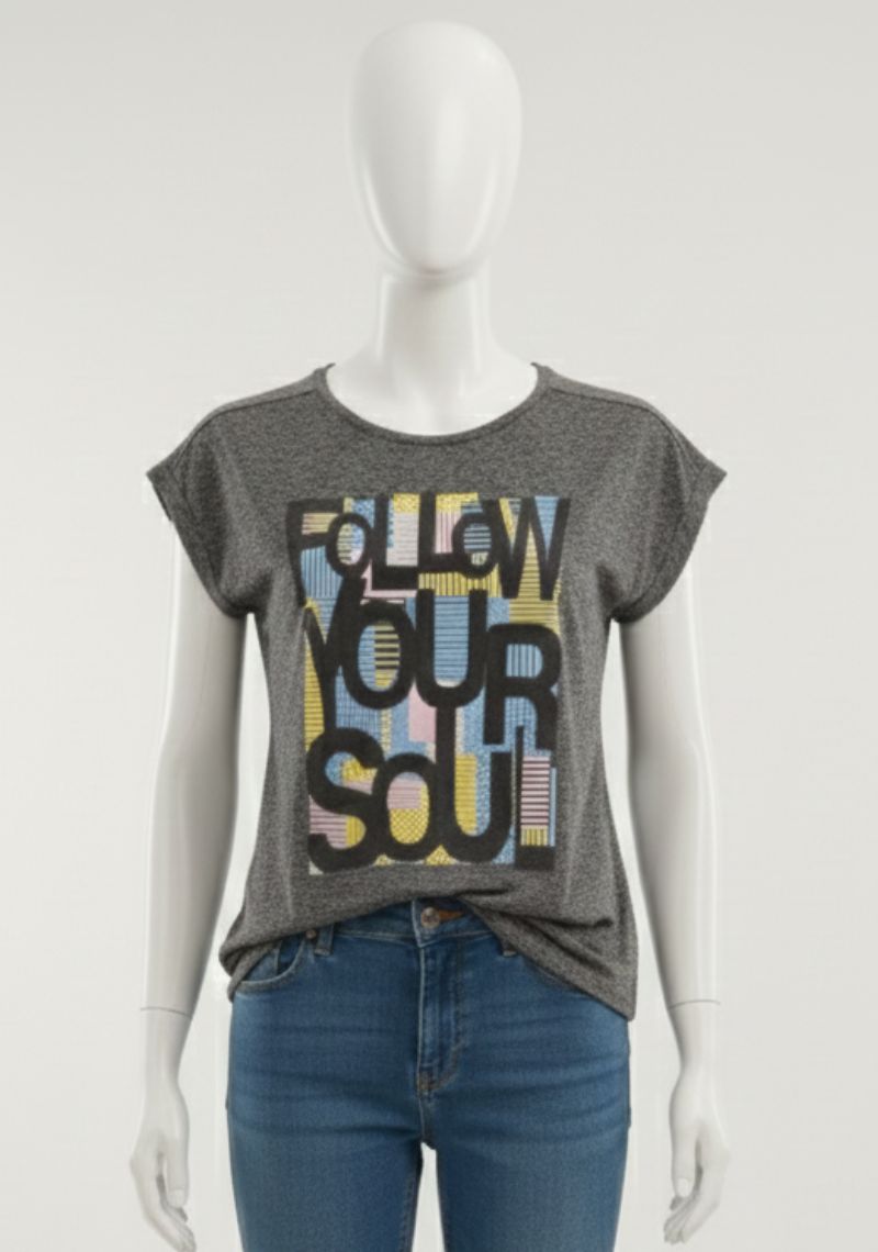 WOMENS T-SHIRT [MD] - LIGHT BLACK & MULTI COLOR PRINT