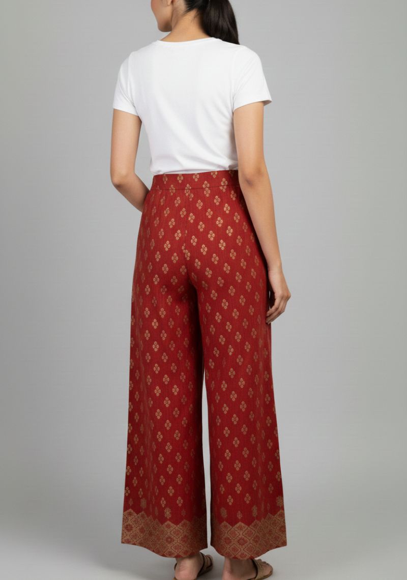 WOMENS PALAZZO - RED AND GOLDEN FLORAL  PRINTED