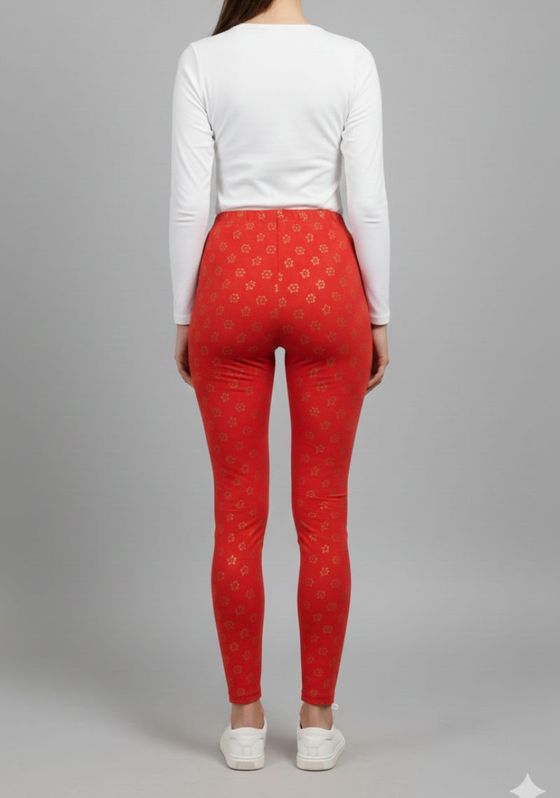 WOMENS LEGGINGS [MD] - RED AND GOLDEN FLORAL PRINTED
