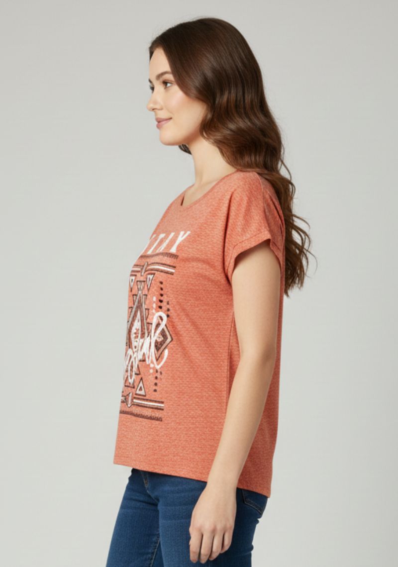 WOMENS T-SHIRT [MD] - ORANGE & MULTI COLOR PRINT