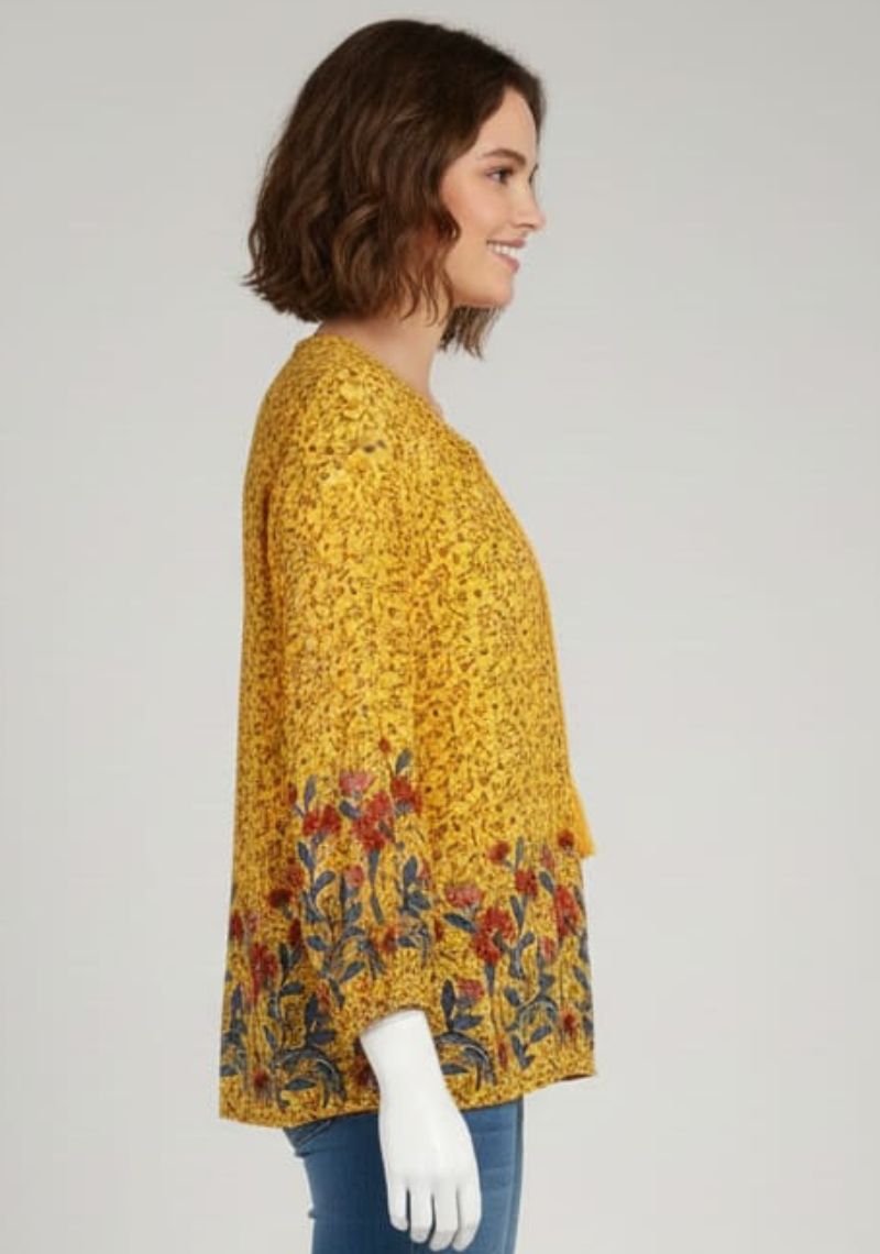 WOMENS WESTERN TOP [SL] - YELLOW & MULTI COLOR PRINTED