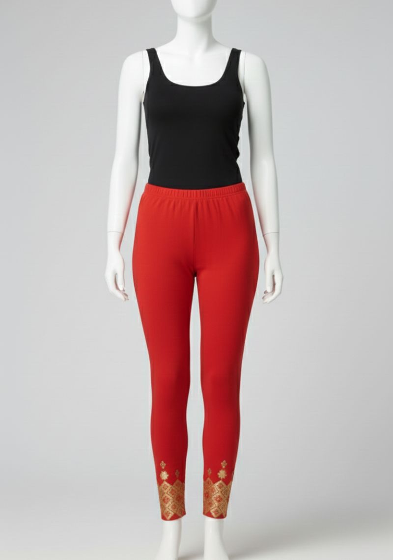 WOMENS LEGGINGS [MD] - RED AND GOLDEN PRINTED