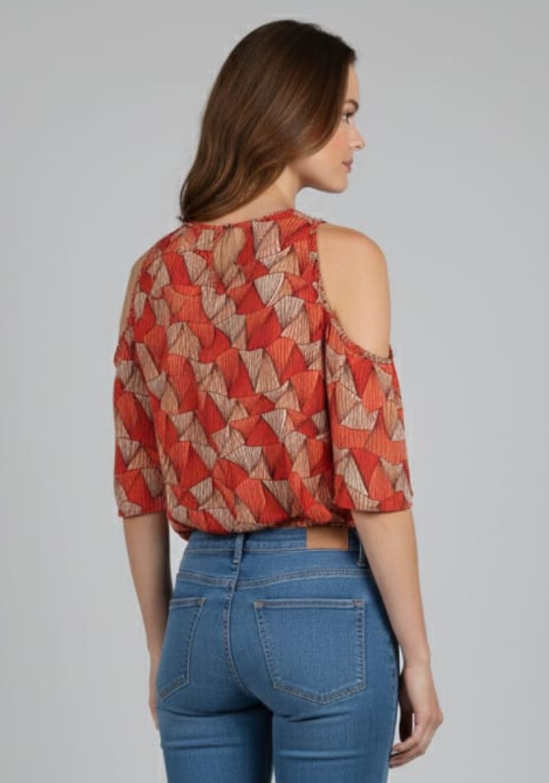 WOMENS WESTRN TOP [SL] - RED AND ORANGE PRINT