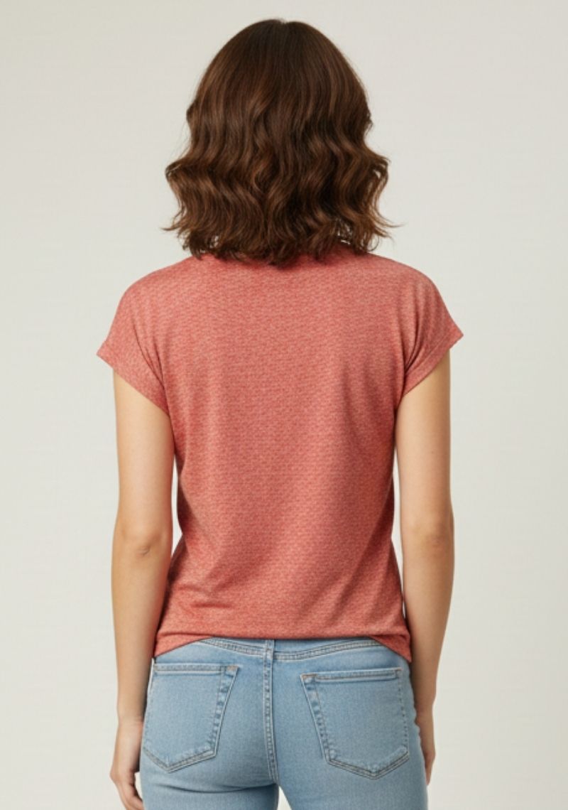 WOMENS T-SHIRT [ MD] - RED MELANGE & MULTI COLOUR PRINTED