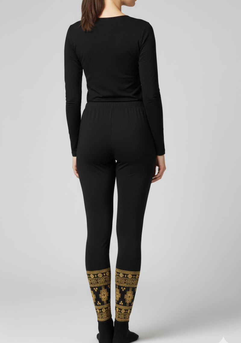 WOMENS LEGGINGS [MD] - PLAIN BLACK AND GOLDEN PRINTED