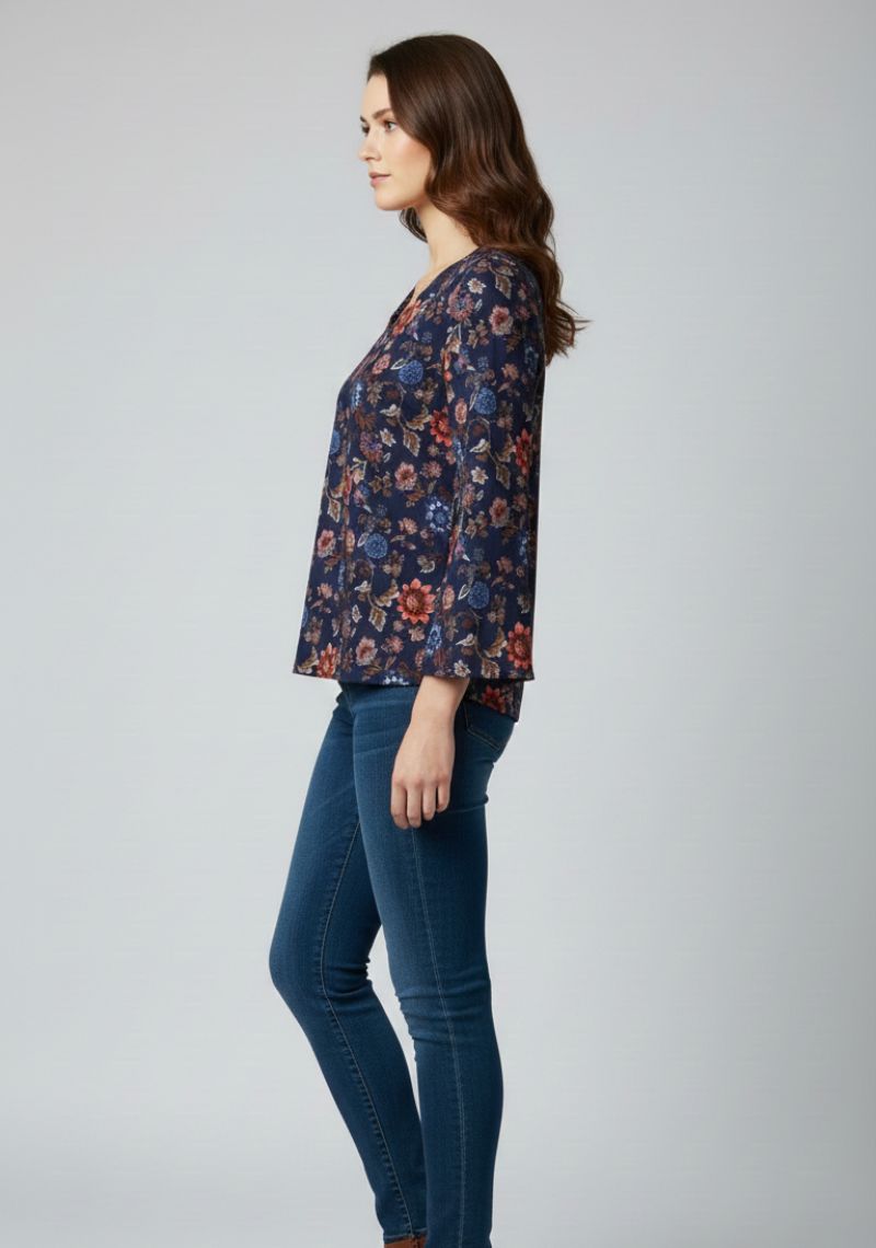 WOMEN WESTERN TOP - DARK BLUE AND FLORAL PRINTED