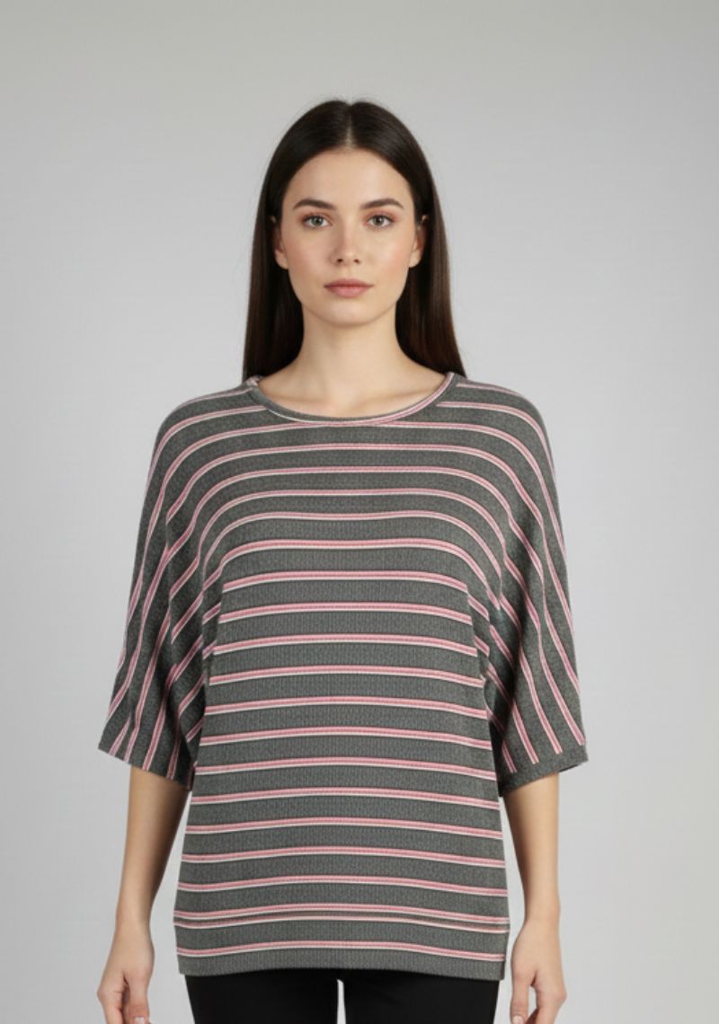 WOMEN T-SHIRT (SL)-GRAY PINK MXD