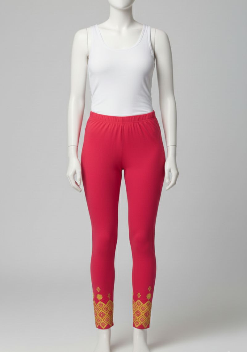 WOMENS LEGGINGS [MD] - BRIGHT PINK AND GOLDEN PRINTED