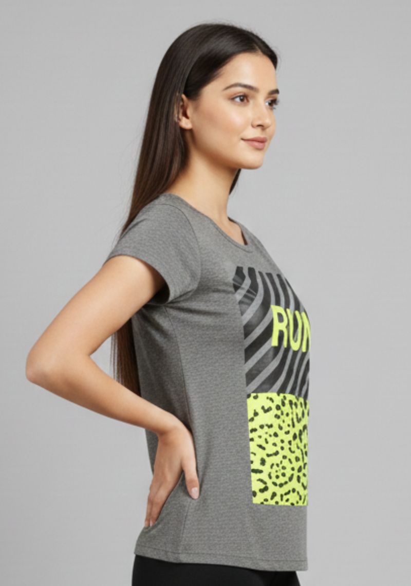 WOMENS T-SHIRT - DARK GREY AND PEAR GREEN PRINTED