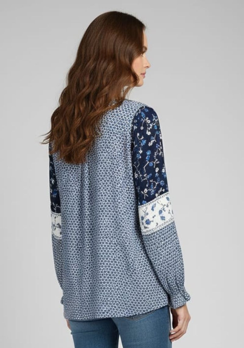 WOMENS WESTERN TOP [SL] - DARK BLUE AND SKY BLUE PRINT