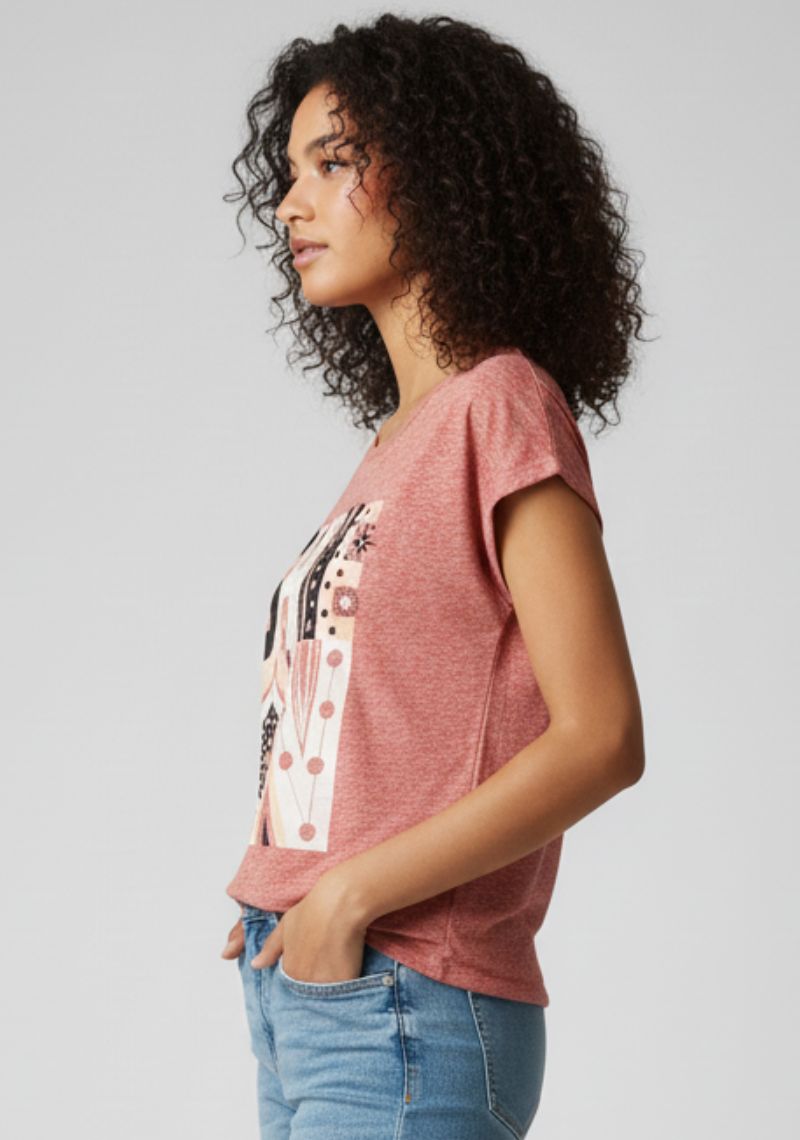 WOMENS T-SHIRT [MD] - RED MELANGE & MULTI COLOR PRINT