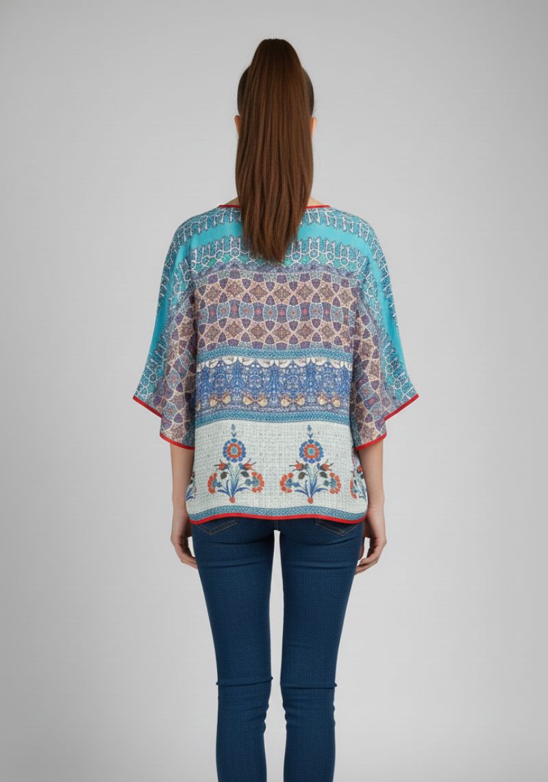 WOMEN WESTERN TOP - SKY BLUE AND MULTI CLOR PAINTED