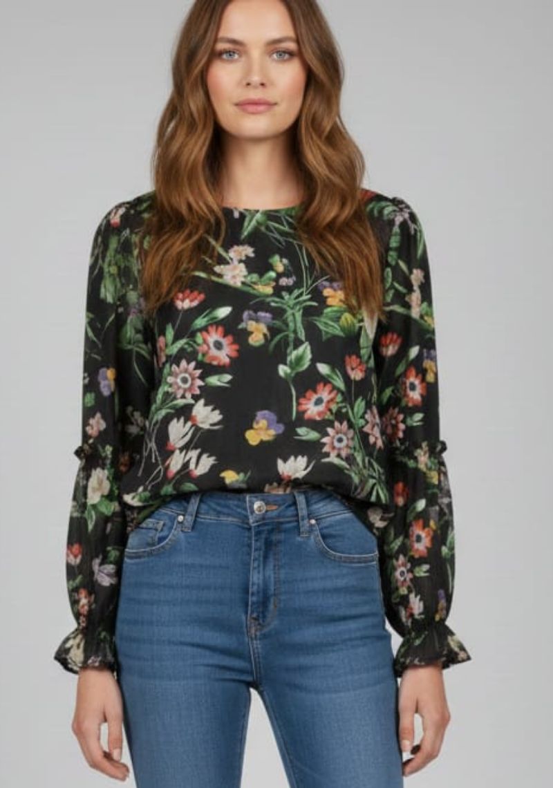 WOMENS WESTERN TOP [SL] - BLACK AND MULTI COLOR FLORAL PRINTED