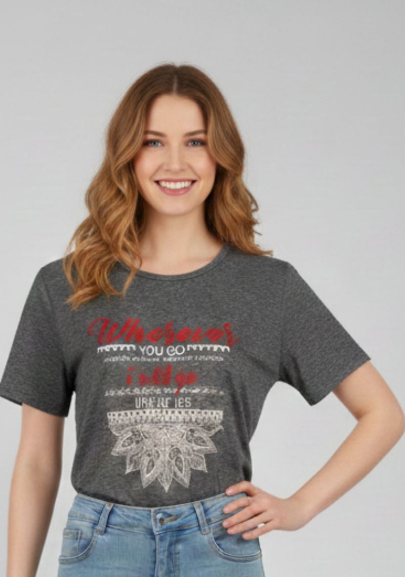 WOMEN T-SHIRT (SL)-DARK GRAY MXD
