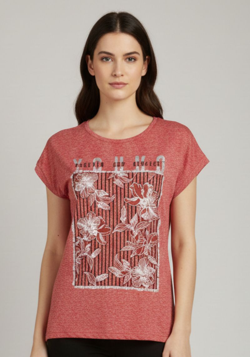 WOMEN T-SHIRT (SL)- LIGHT RED MXD