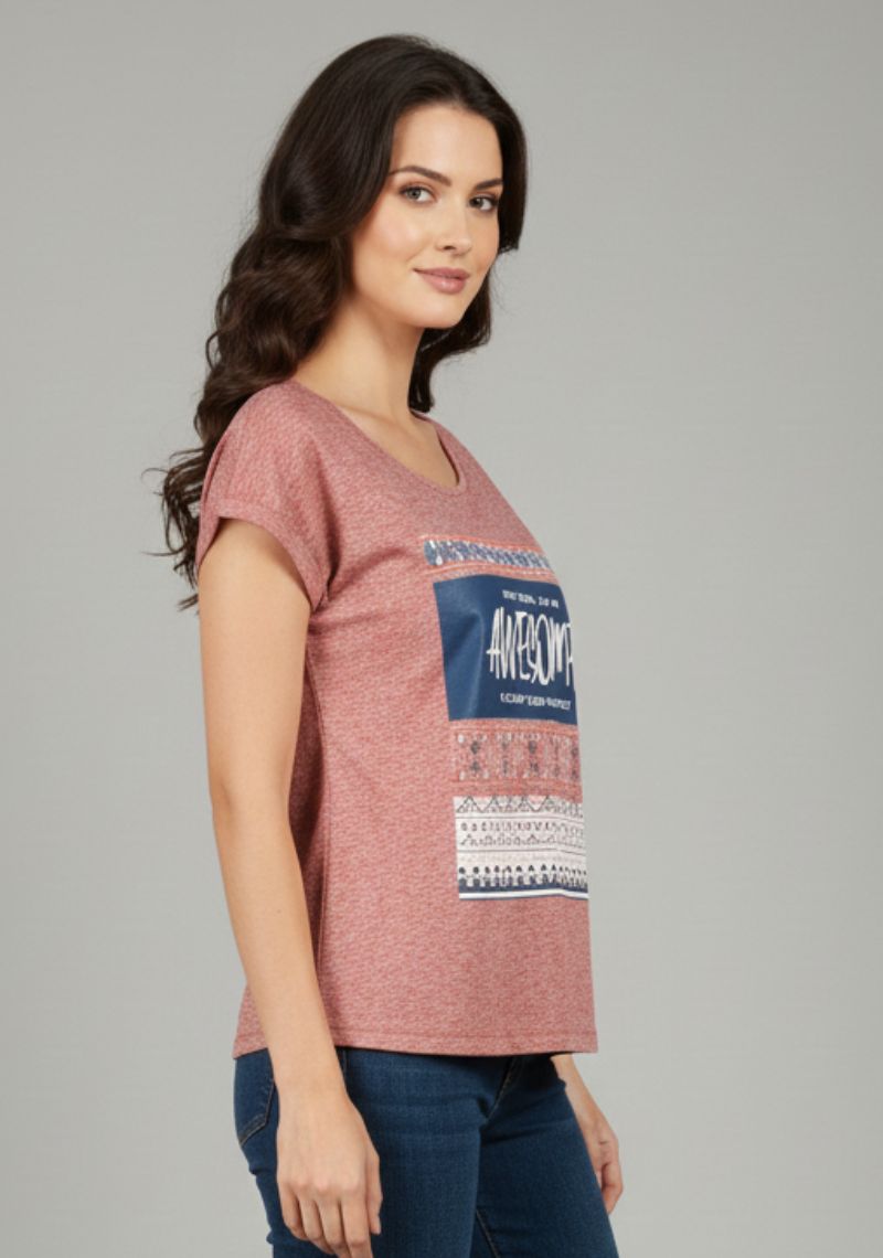 WOMENS T-SHIRT - RED MELANGE [MULTI COLOR PRINT]