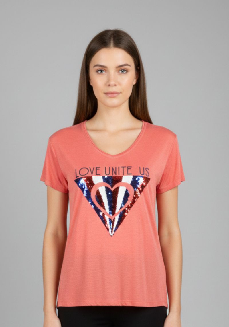 WOMEN T-SHIRT (SL)- BRICK RED MXD