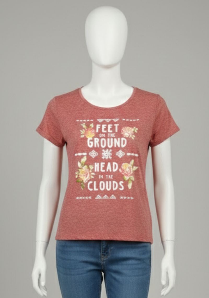 WOMENS T-SHIRT [MD] - RED MELANGE [MULTI COLOR PRINTED]