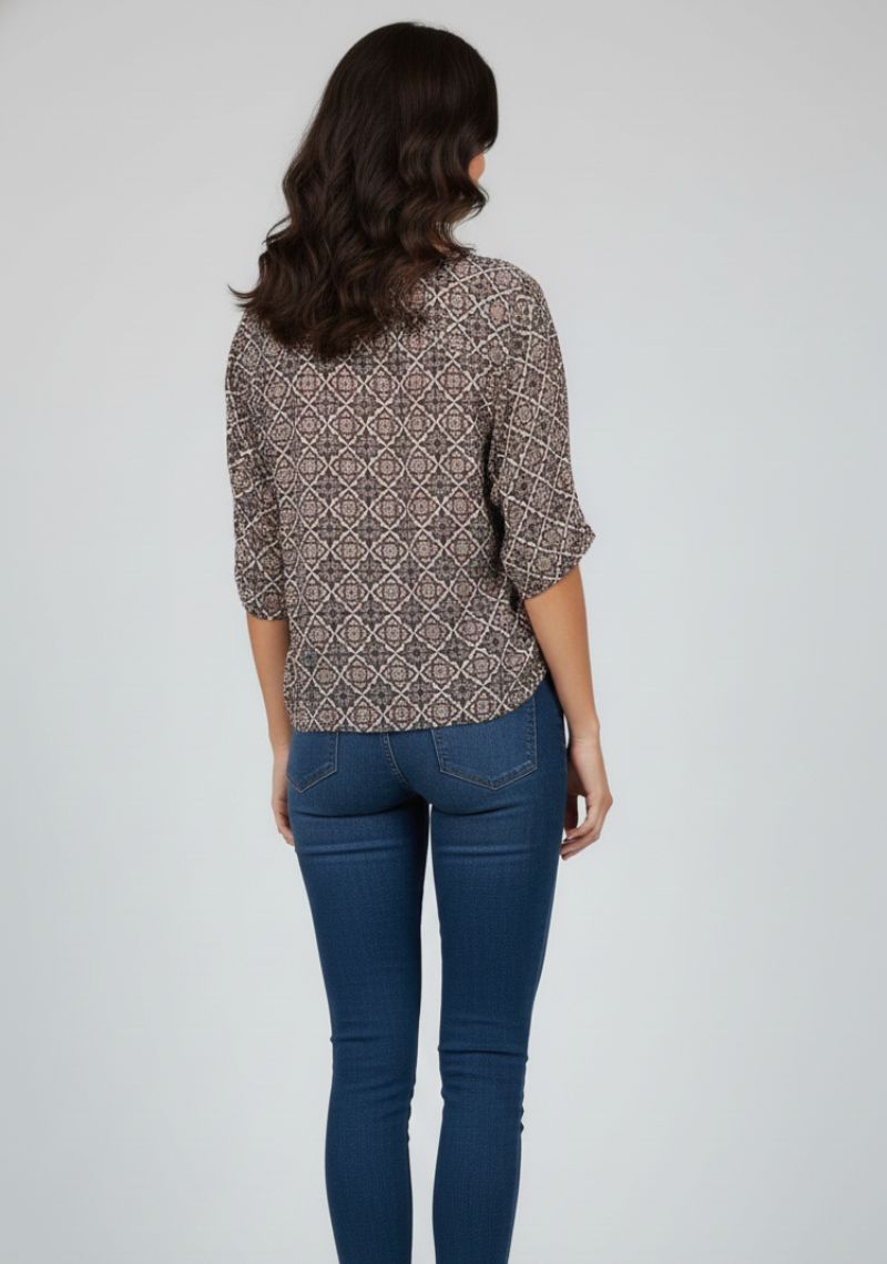 WOMEN WESTERN TOP - BROWN AND MULTI CLOR PRINTED