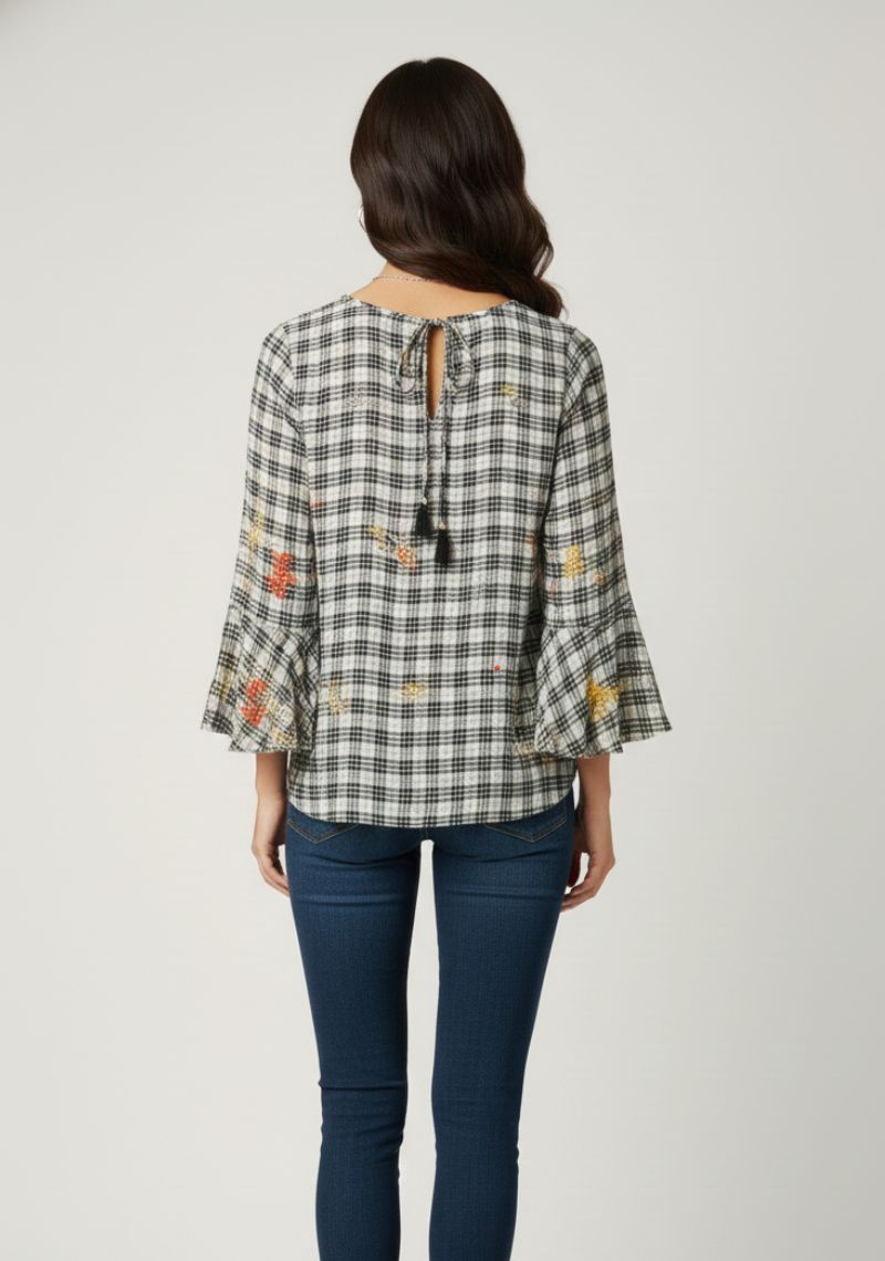 WOMEN WESTERN TOP - BLACK CHECKED AND MULTI CLOR PRINTED