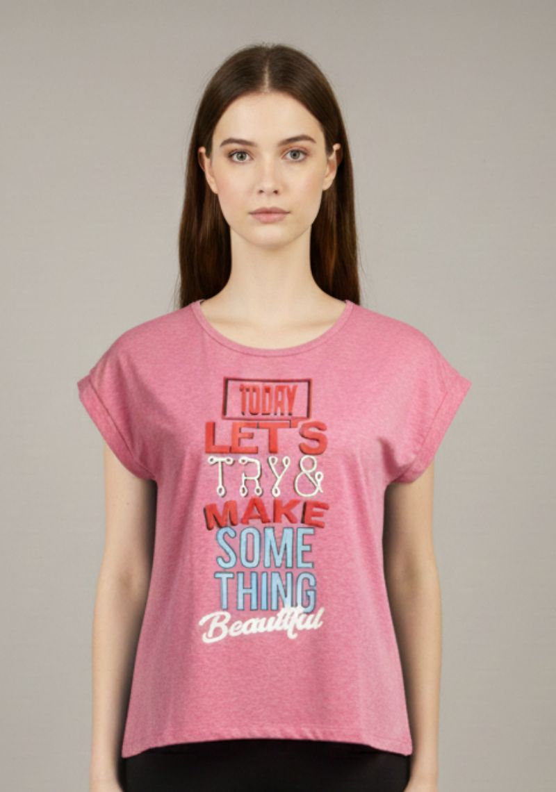 WOMEN T-SHIRT (SL)-PINK MXD