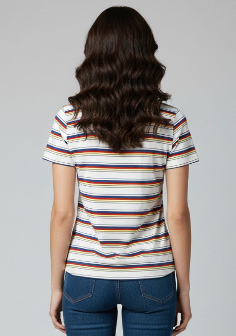 WOMENS T-SHIRT [MD] - BLUE,RED& YELLOW STRIPES