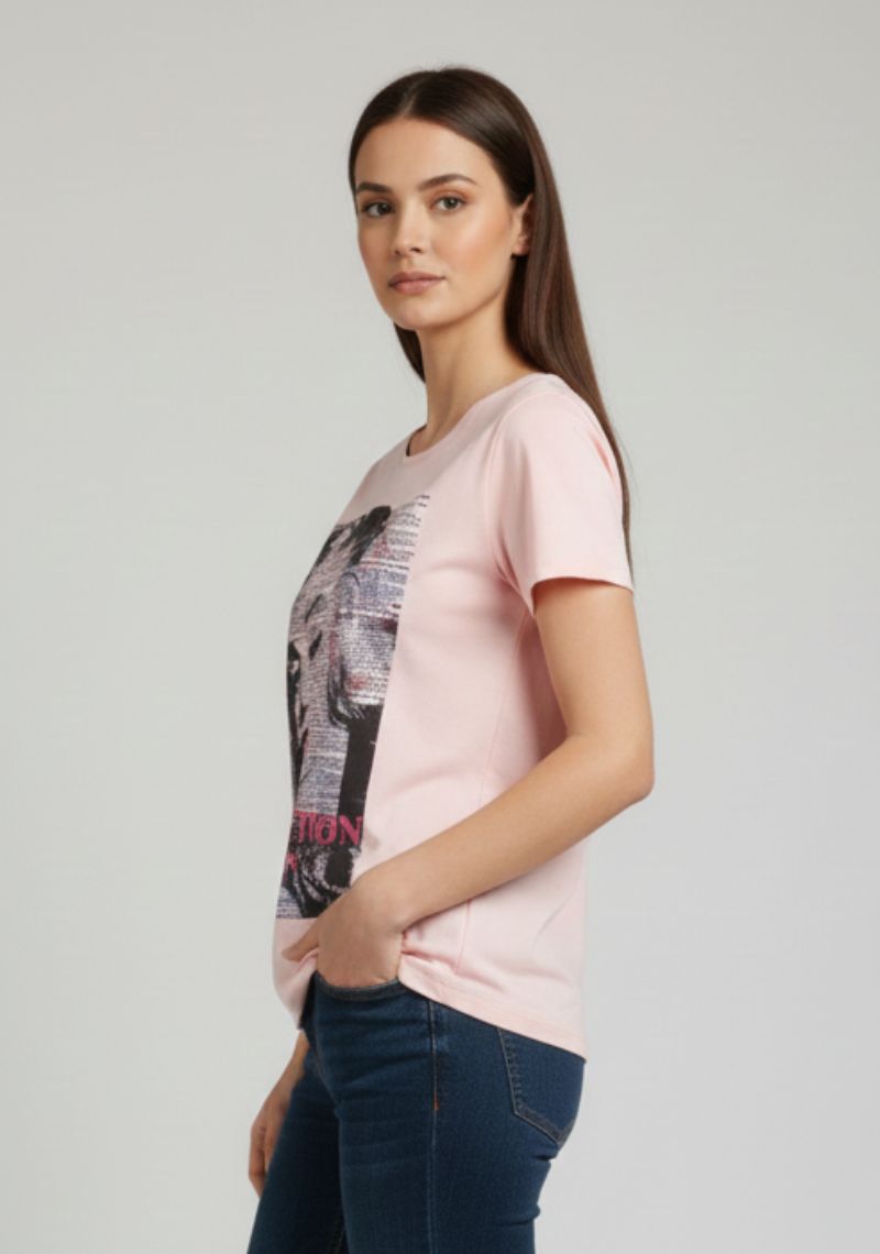 WOMENS T-SHIRT - LIGHT PINK AND BLACK [ MULTI COLOR PRINT ]