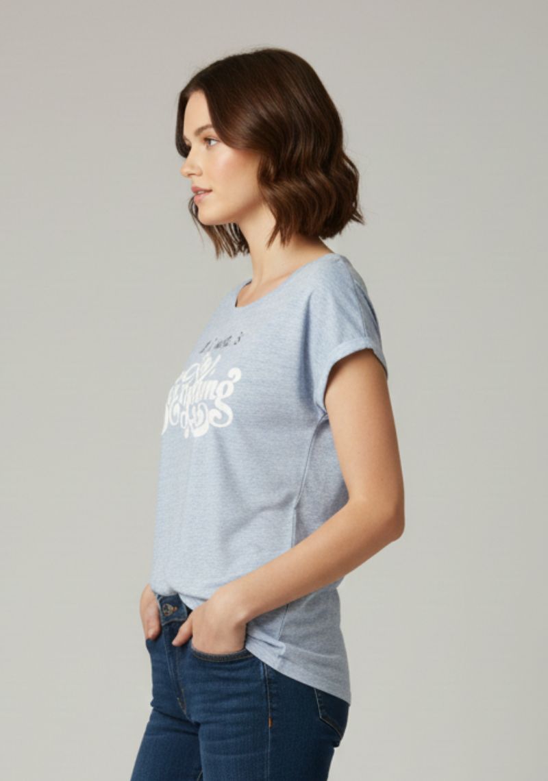 WOMENS T-SHIRT - LIGHT BLUE AND WHITE PRINTED
