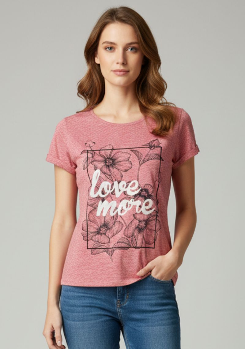 WOMENS T-SHIRT [MD] - RED MELANGE [BLACK AND WHITE PRINT]