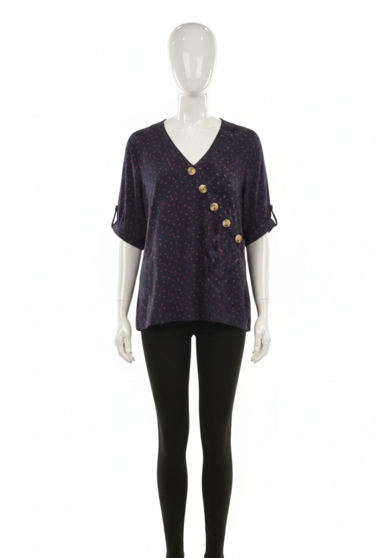 WOMENS WESTERN TOP [SL] - NAVY BLUE PRINTED