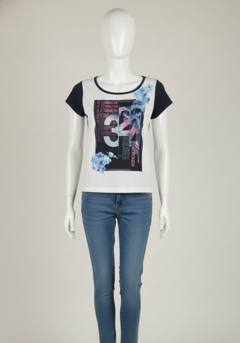 WOMEN WESTERN TOP - WHITE AND NAVY BLUE PAINTED