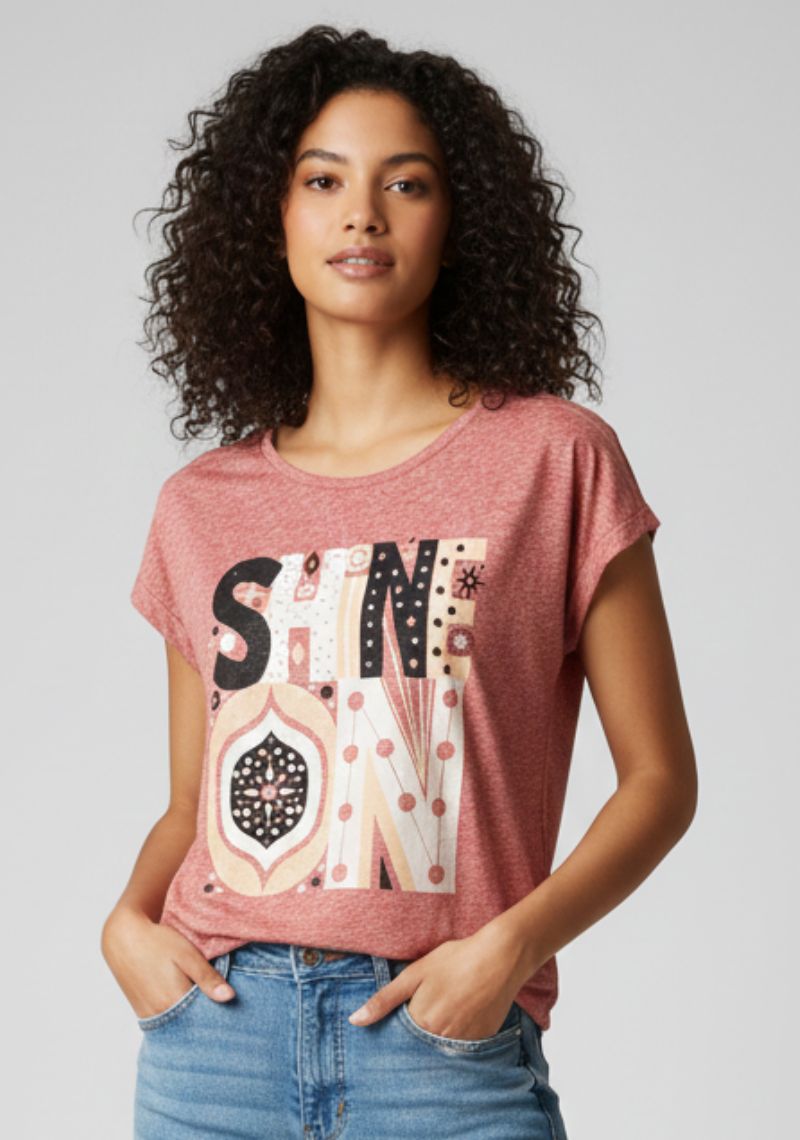WOMENS T-SHIRT [MD] - RED MELANGE & MULTI COLOR PRINT