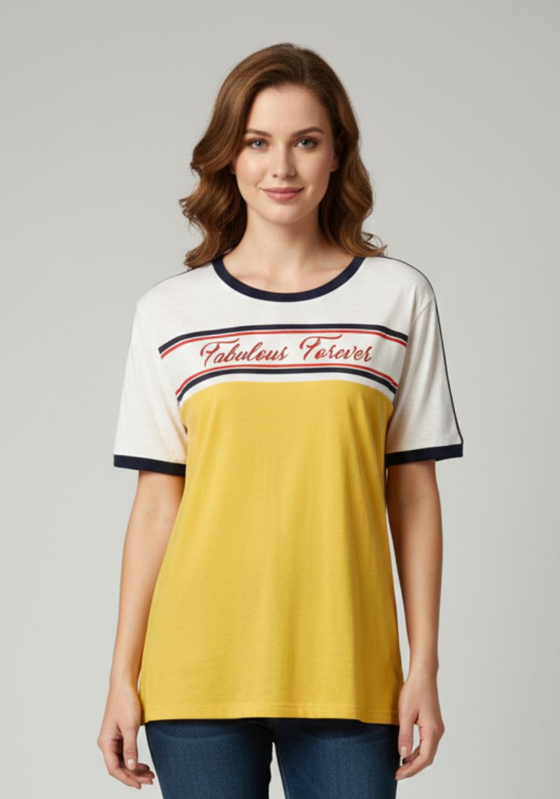 WOMENS T-SHIRT- WHITE & MUSTARD YELLOW