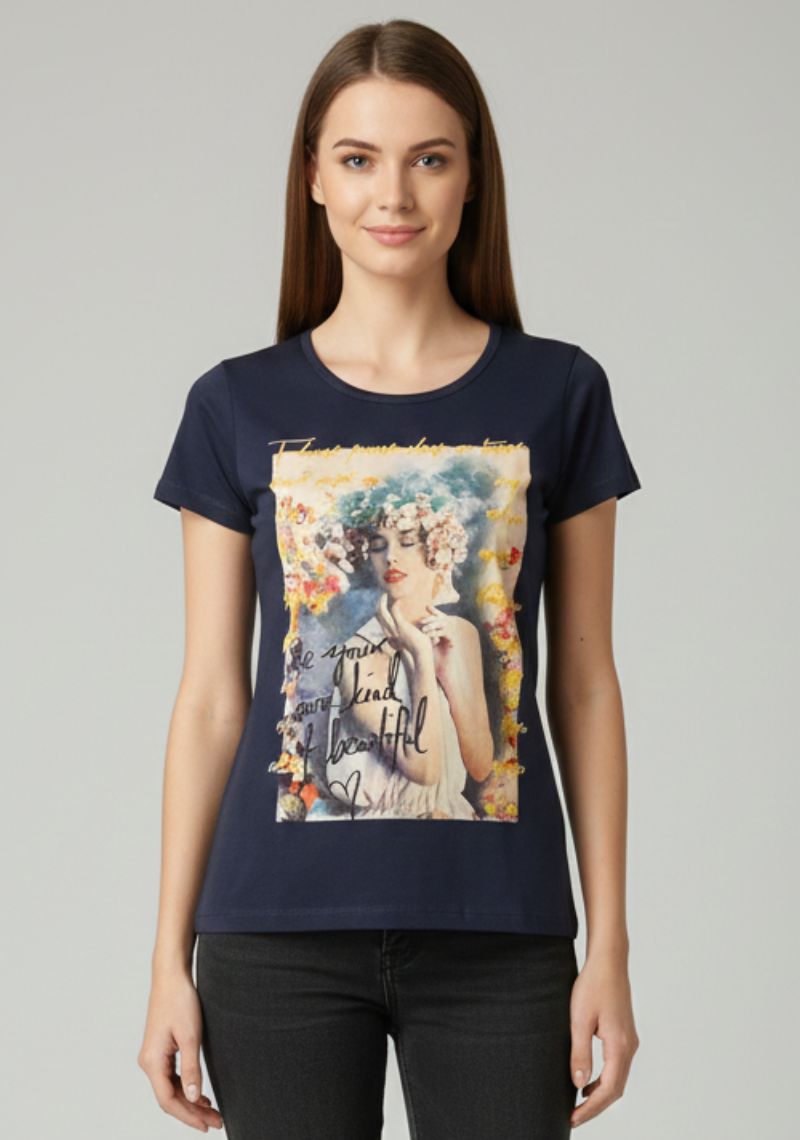 WOMENS T-SHIRT [MD] - NAVY BLUE & MULTI COLOR PRINT