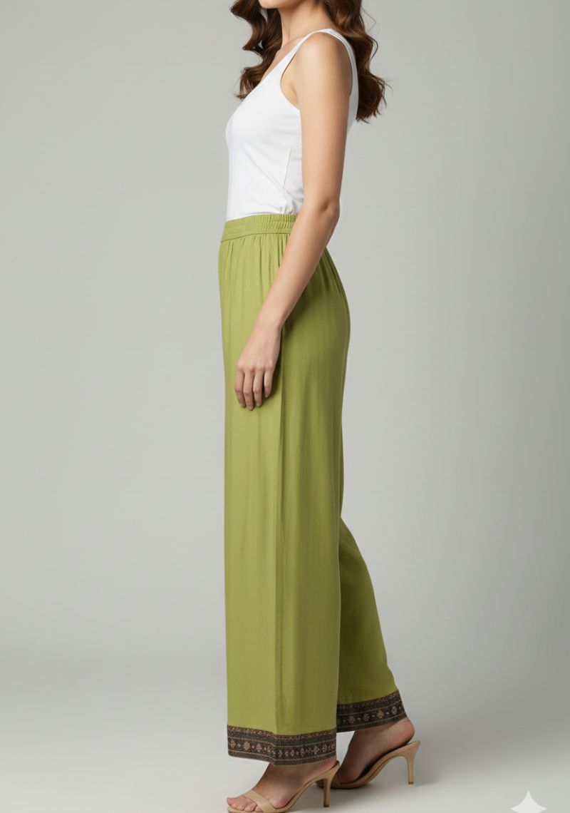 WOMENS PALAZZO - PEAR GREEN AND BLACK PRINTED