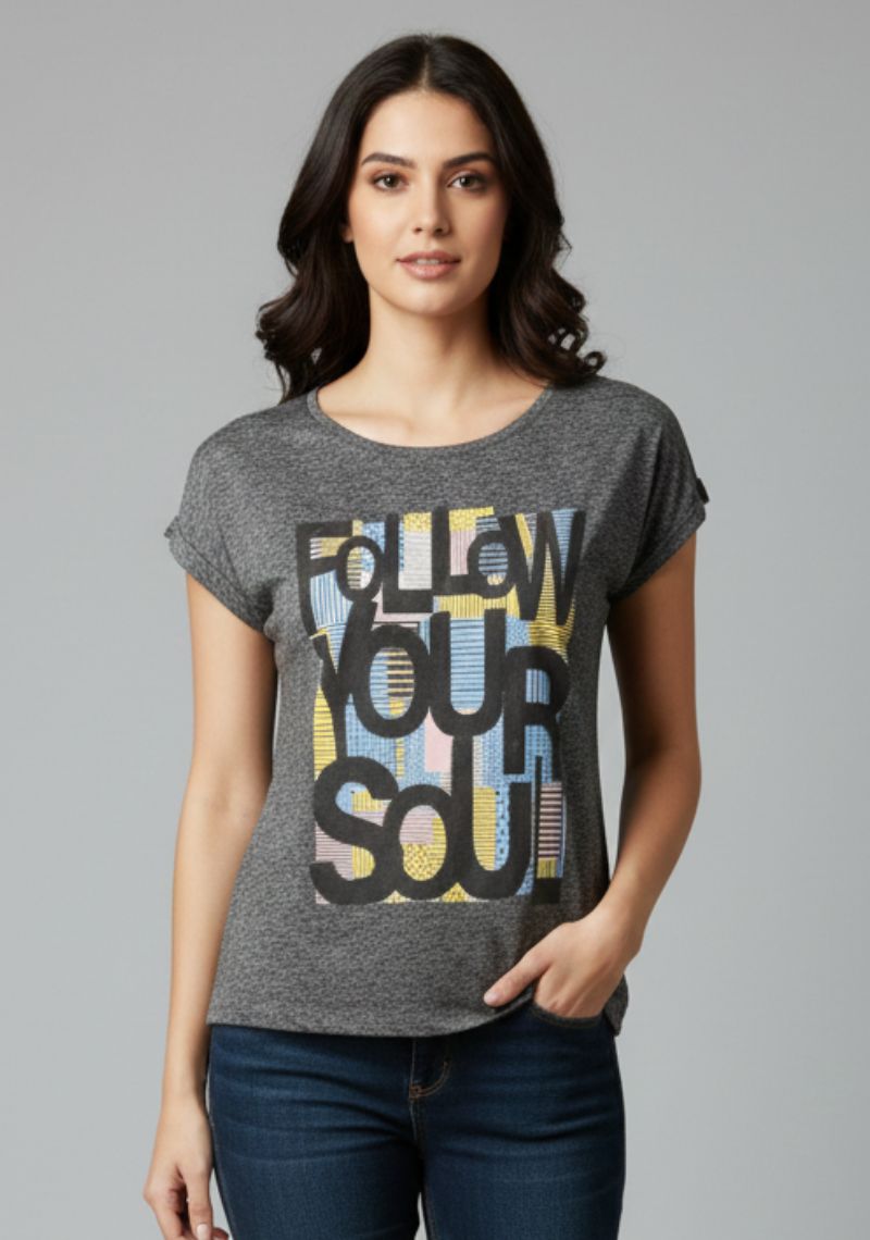 WOMENS T-SHIRT [MD] - LIGHT BLACK & MULTI COLOR PRINT