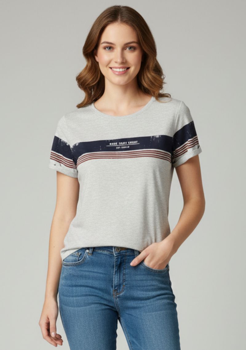 WOMENS T-SHIRT [MD] - LIGHT GREY , BLACK & MULTI COLOR STRIPES