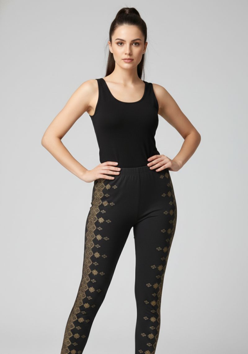 WOMENS LEGGINGS [MD] - BLACK AND SANDAL PRINTED