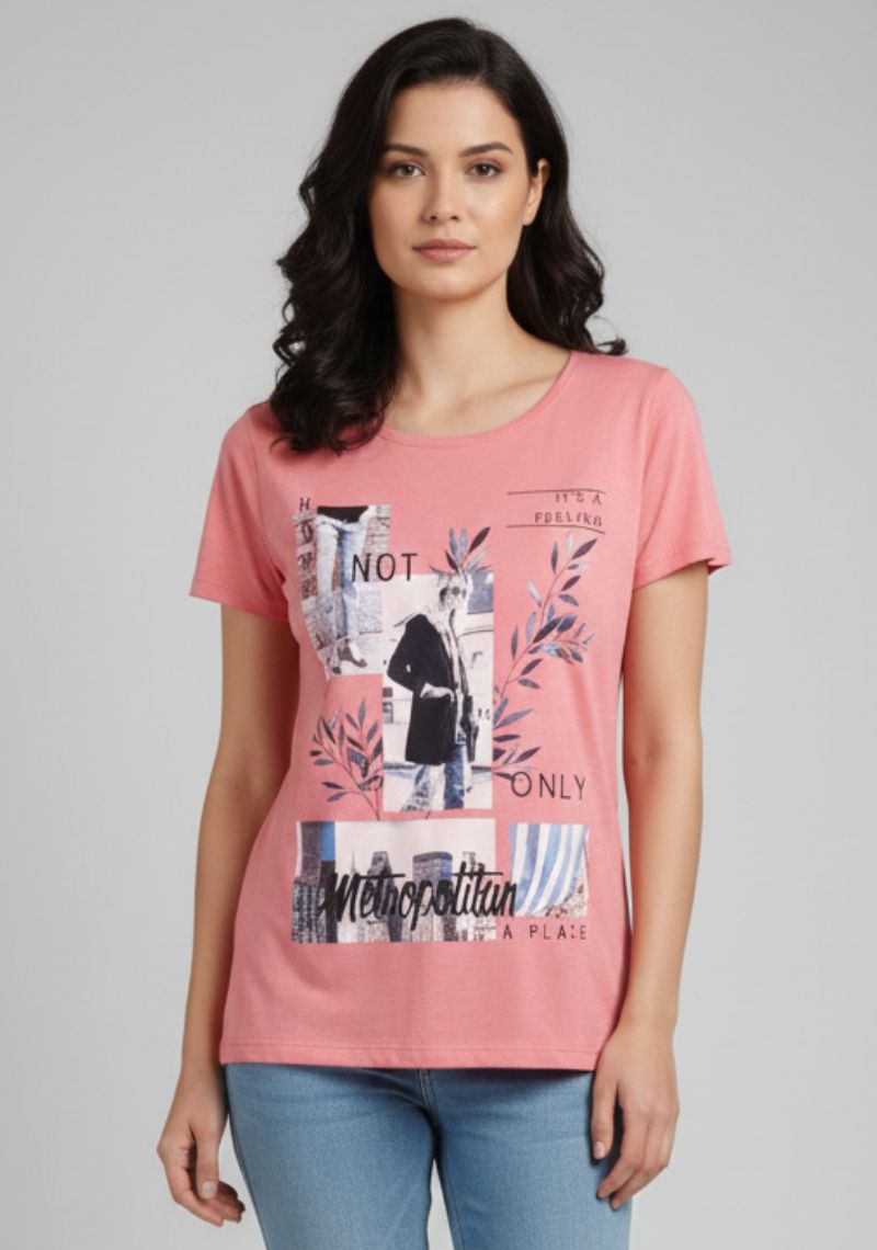 WOMENS T-SHIRT [MD] - BRIGHT PINK & MULTI COLOR PRINT
