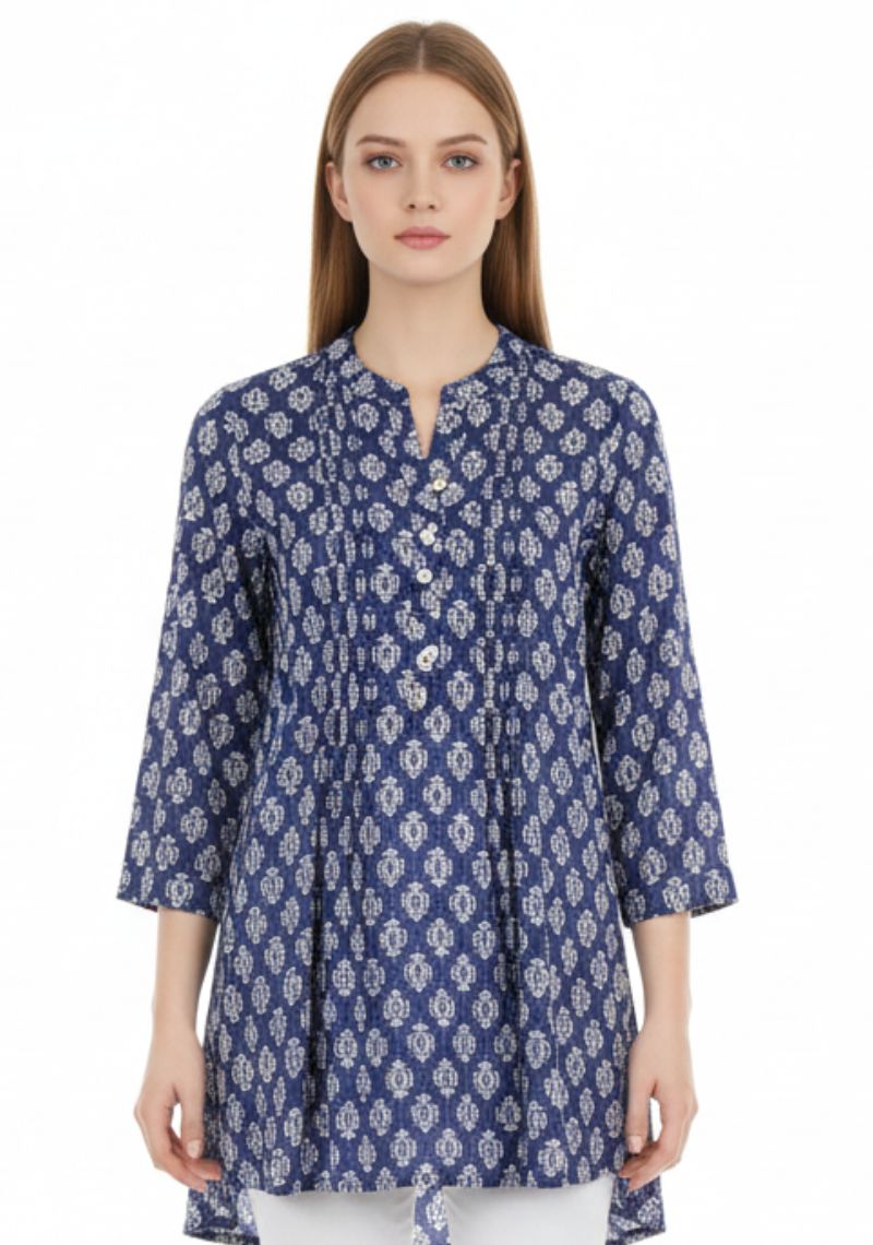 WOMENS WESTERN TOP [SL] - BLUE AND WHITE PRINTED