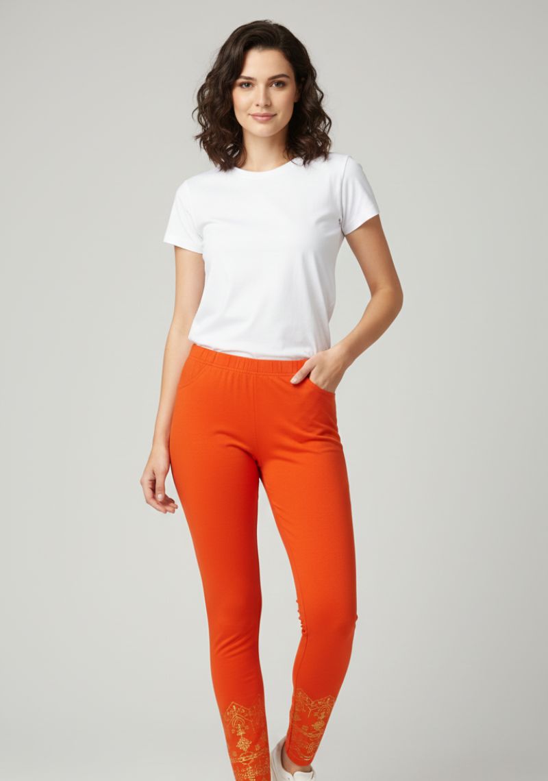 WOMENS LEGGINGS [MD] - ORANGE AND GOLDEN PRINTED