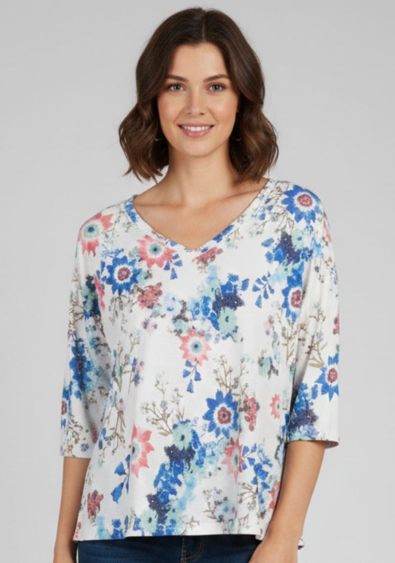 WOMEN WESTERN TOP - WHITE AND BLUE FLORAL PRINT