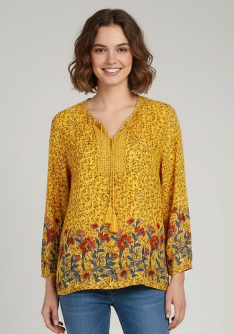 WOMENS WESTERN TOP [SL] - YELLOW & MULTI COLOR PRINTED