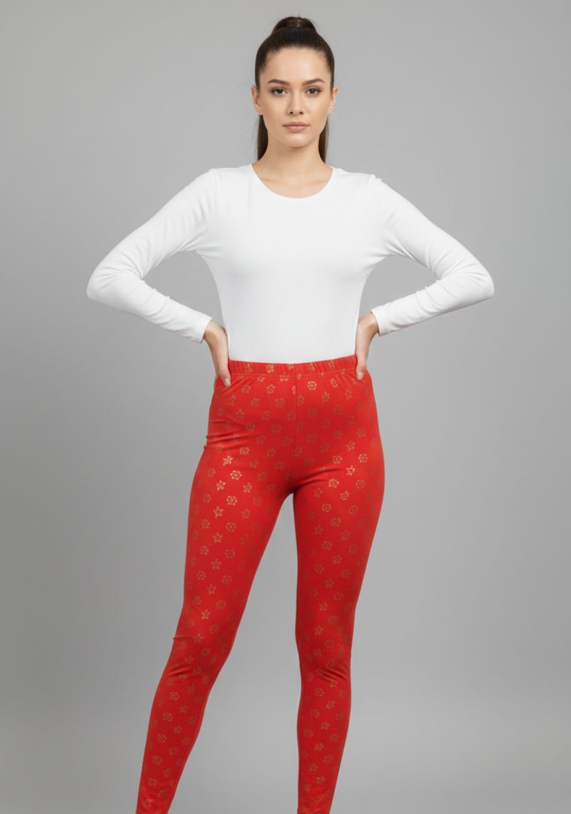 WOMENS LEGGINGS [MD] - RED AND GOLDEN FLORAL PRINTED