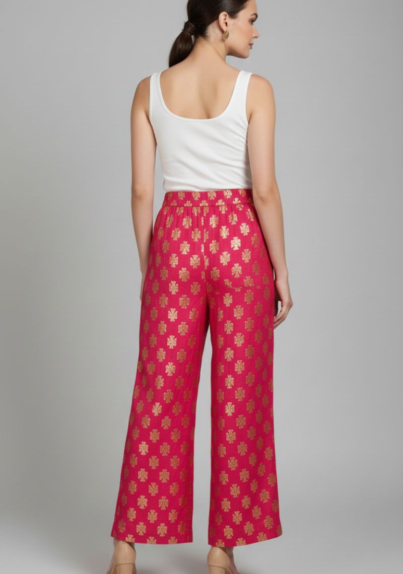 WOMENS PALAZZO - FUSCHIA PINK AND GOLDEN PRINTED