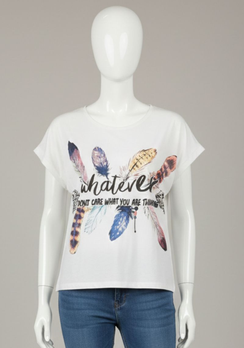 WOMENS T-SHIRT [MD] - PURE WHITE & MULTI COLOR PRINT
