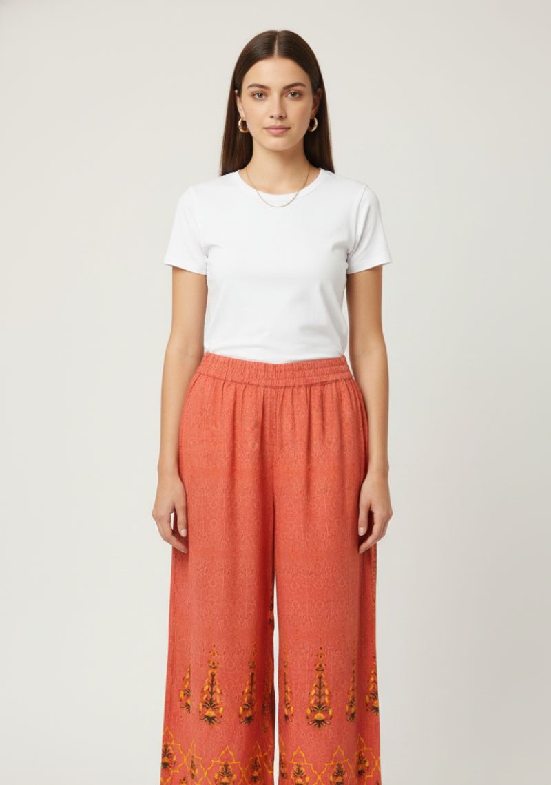 WOMENS PALAZZO - LIGHT ORANGE AND MULTI COLOR PRINTED