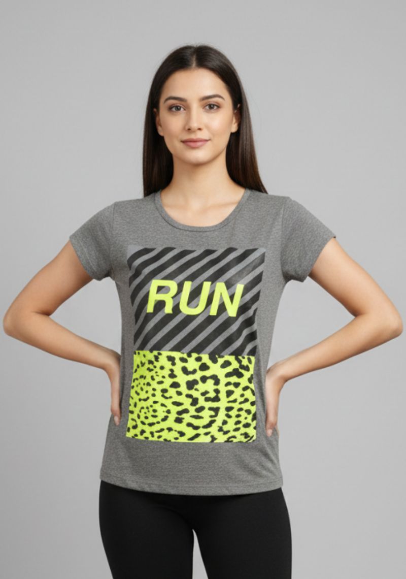 WOMENS T-SHIRT - DARK GREY AND PEAR GREEN PRINTED