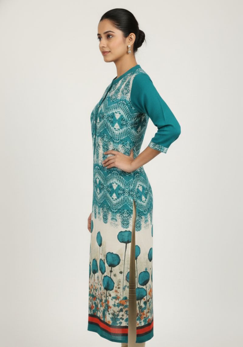 WOMENS KURTIS - TEAL GREEN AND WHITE PRINTED